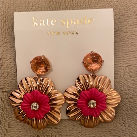 New Gold & Pink Kate Spade Dangle Flower Earrings - Picture 2 of 6